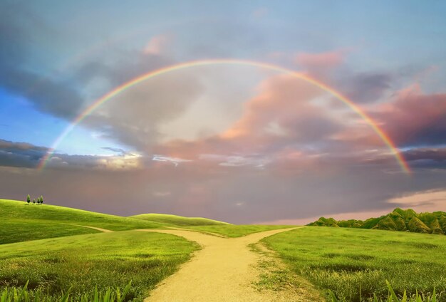 wild green field  meadow flowers,rainbow  blue sunset cloudy sky pink clouds contryside