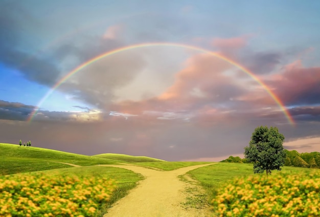 wild green field  meadow flowers,rainbow  blue sunset cloudy sky pink clouds contryside