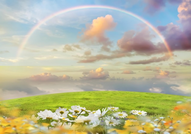 wild green field  meadow flowers,rainbow  blue sunset cloudy sky pink clouds contryside