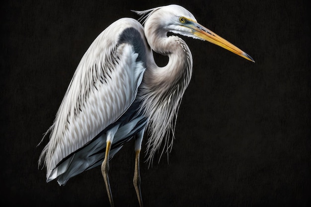 Wild heron with white body isolated on dark background generative ai