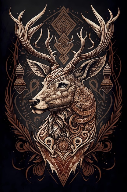 Wild horned deer animal totem spirit of wood forest Pagan deity symbol with sacred geometry and reindeer head in grungy vintage style