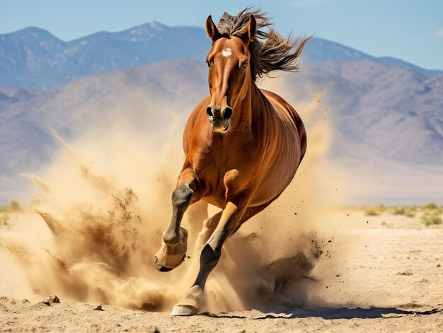 Wild horse galloping across sandy plain kicking up dust into the air