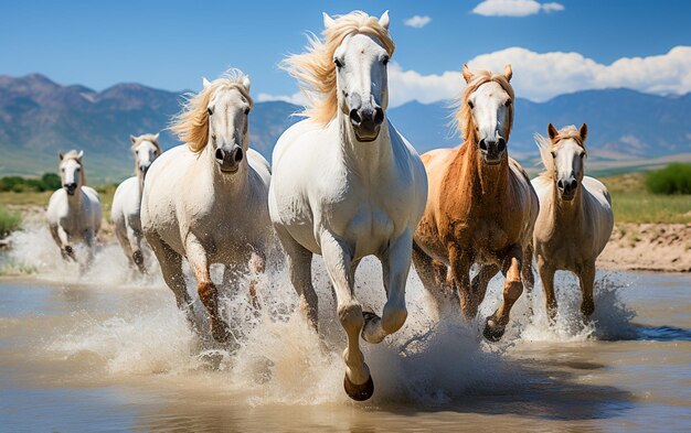 Стадо диких лошадей скачет по неровной пустыне