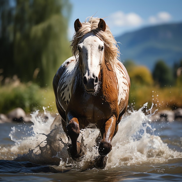 A wild horse running in the creek Wild or farm animals