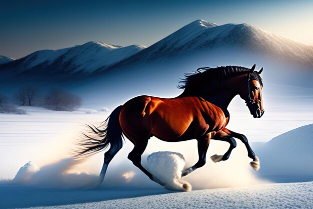 Дикая лошадь бежит по заснеженному пейзажу. Цифровое изображение.