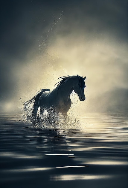 Wild horse running on water