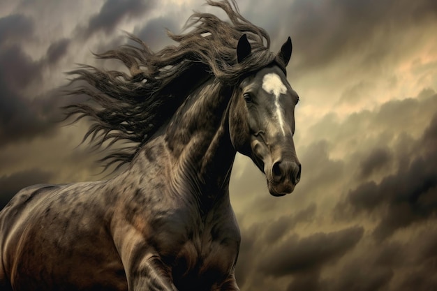 Дикая лошадь с развевающейся ветром гривой на фоне драматического неба, созданная с помощью генеративного ИИ