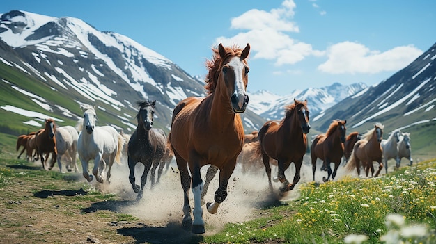 wild horses are walking on a green meadow against the backdrop of mountains in KarachayCherkessia