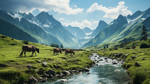 дикие лошади гуляют по зеленому лугу на фоне гор в Карачаево-Черкесии