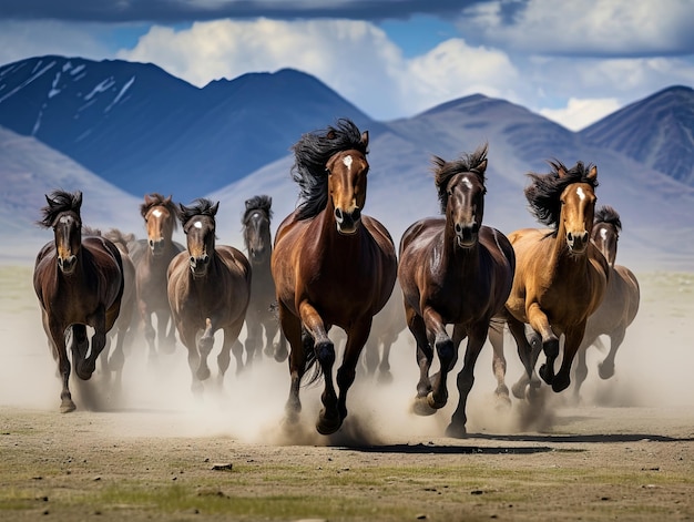 몽골의 황금스 ⁇ 을 가로질러 달리는 야생 말들