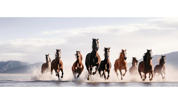 Wild horses graze in the sunlit meadow