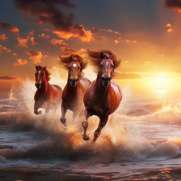 wild horses running on the beach stock photo