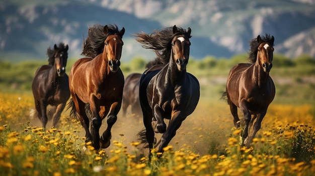 Wild horses running freely through the fields