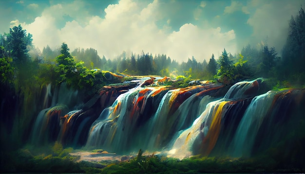 Wild landscape with creeks and waterfall and mountains Stream flow through forest Digital illustration