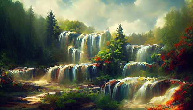 Wild landscape with creeks and waterfall and mountains Stream flow through forest Digital illustration