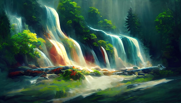 Wild landscape with creeks and waterfall and mountains Stream flow through forest Digital illustration