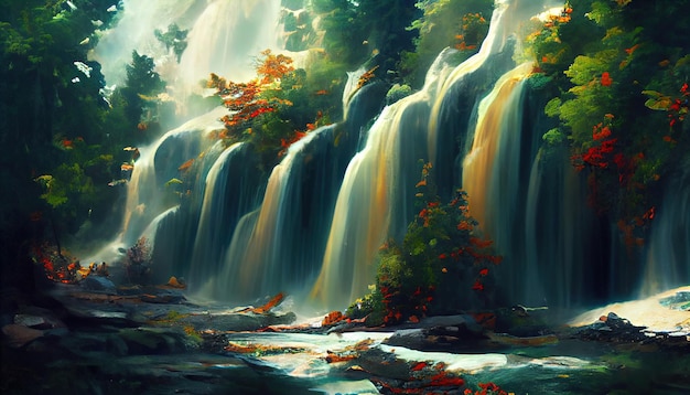 Wild landschap met kreken en waterval en bergen Stroomstroom door bos Digitale afbeelding