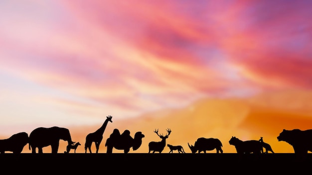 The wild life silhouette in twilight sky 3d rendering