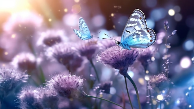  ⁇ 에서 야생의 밝은 파란색 꽃과 두 개의 날아다니는