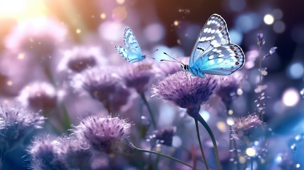 Wild light blue flowers in field and two fluttering