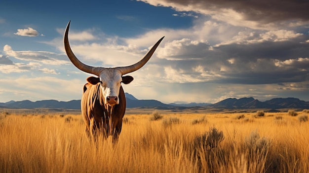 Photo a wild longhorn cow on the prairie ai generative