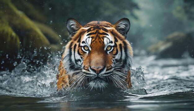 wild male tiger walking in river