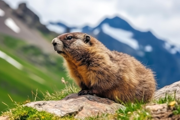 Wild marmot in its natural environment of mountains AI