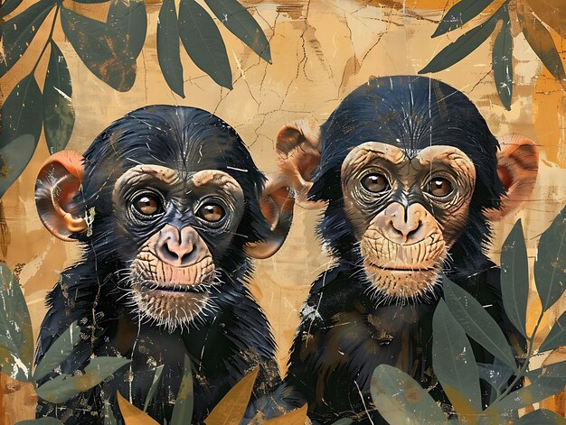 Wild Monkeys Created With Textured Bark and Fabric Collage O Illustration Trending Background Decor