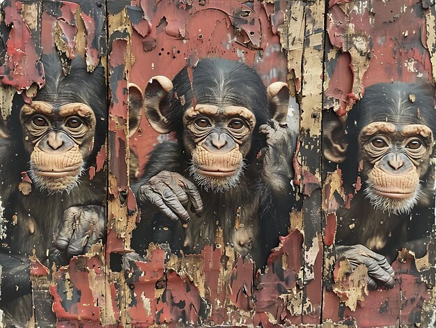 Photo wild monkeys created with textured bark and fabric collage o illustration trending background decor