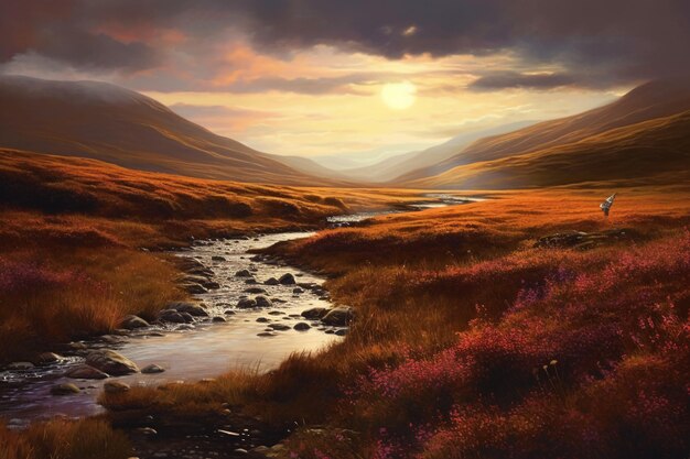 Дикие болота Шотландии в яркий день, холодное утреннее солнце Генеративный AI