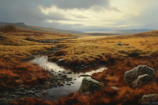 The wild moors of Scotland in the bright day cold morning sun AI generative