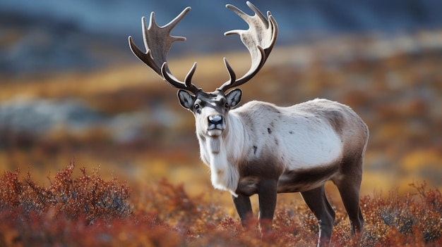 Wild mountain reindeer Rangifer tarandus tarandus bull in autumn tundra