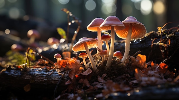 Wild mushrooms nestled among forest kissed by soft morning light