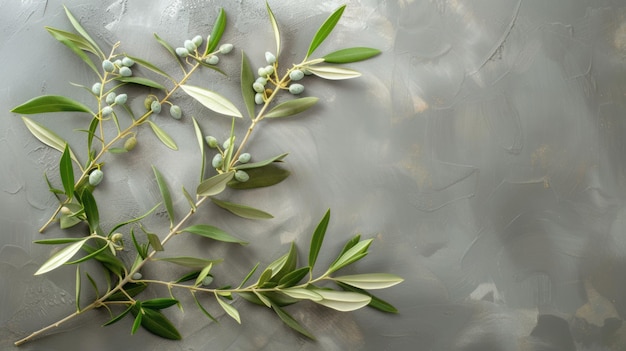 Wild olive branches on gray background Copy space