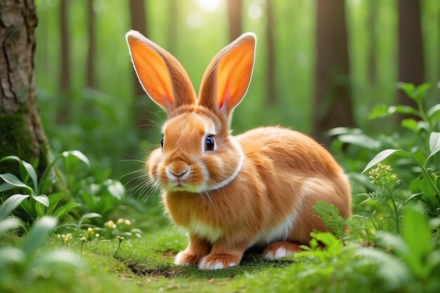 A wild orange Rabbitbunny with big ears in a fresh green forest Spring baby rabbit or Easter rabbit
