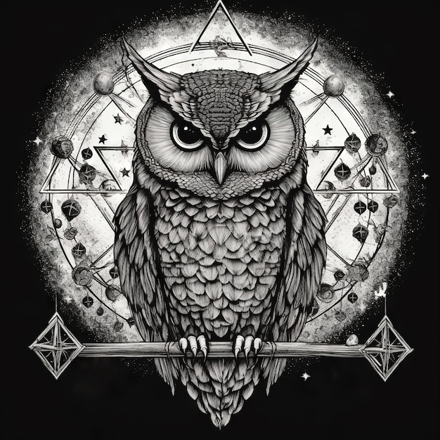 Wild owl with mystic design elements Occult wise bird black and white symbol in vintage style Generated AI