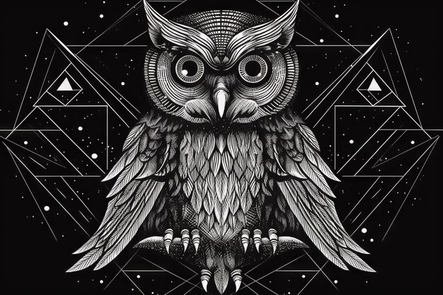 Photo wild owl with mystic design elements occult wise bird black and white symbol in vintage style generated ai