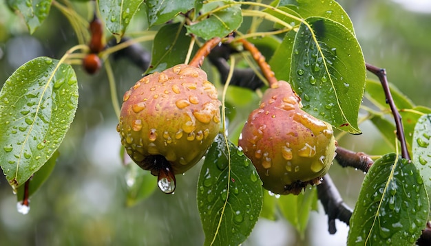 Wild pear fruits on their branch