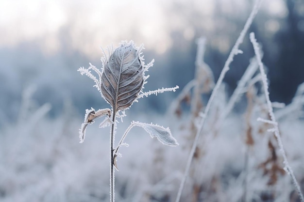 Wild plant covered in ice snow in winter