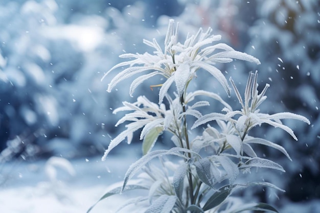 Wild plant covered in ice snow in winter