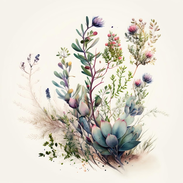 Wild plants, watercolour style, white background