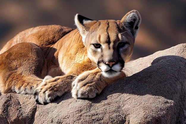 Premium Photo | A wild puma cat with a red color lies on a large stone on a  clear day 3d illustration