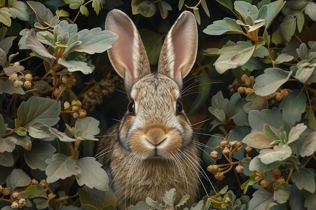 Wild Rabbit Hiding in Lush Green Foliage