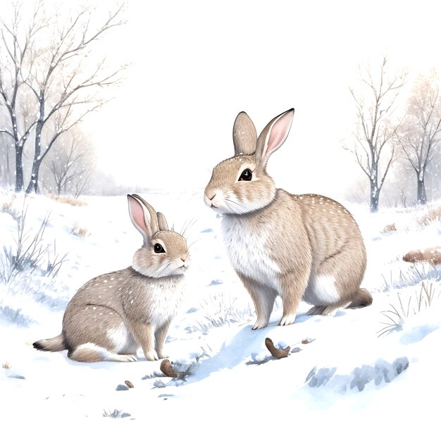 Wild rabbits in the winter snow painted by watercolor vector