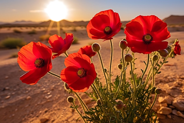 Wild red anemone flowers blooms closeup in spring desert of the negev southern israel