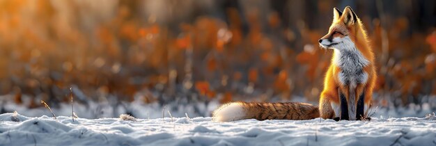 wild red fox in winter on snowy field Panoramic wide wildlife landscape