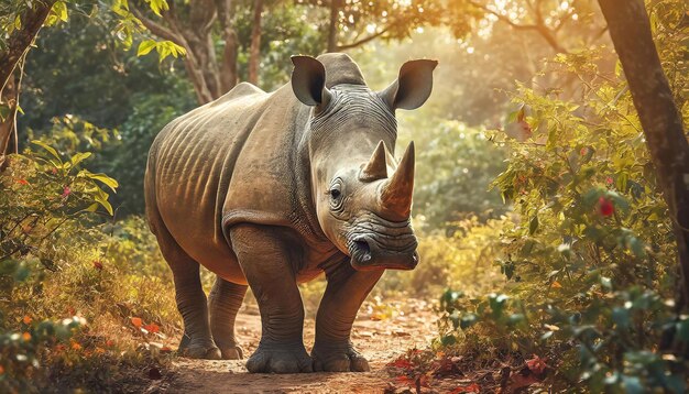 Дикий носорог гуляет в лесу величественный портрет дикой природы