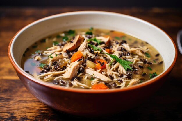 Wild rice and chicken soup made at home served in a bowl