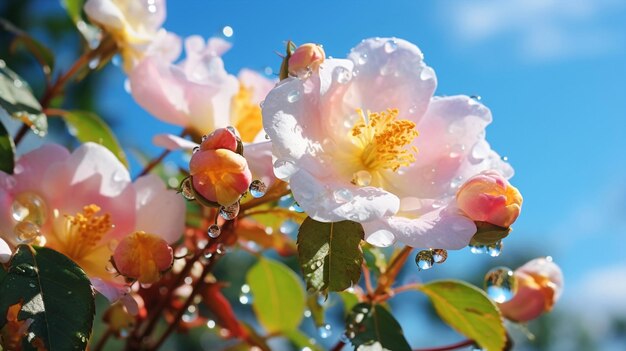 wild rose bush on beach bee fly dew drops sunlight beam flares