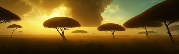 Wild savanna landscape banner Savannah African wildlife with acacia trees grass sand Africa landscape African